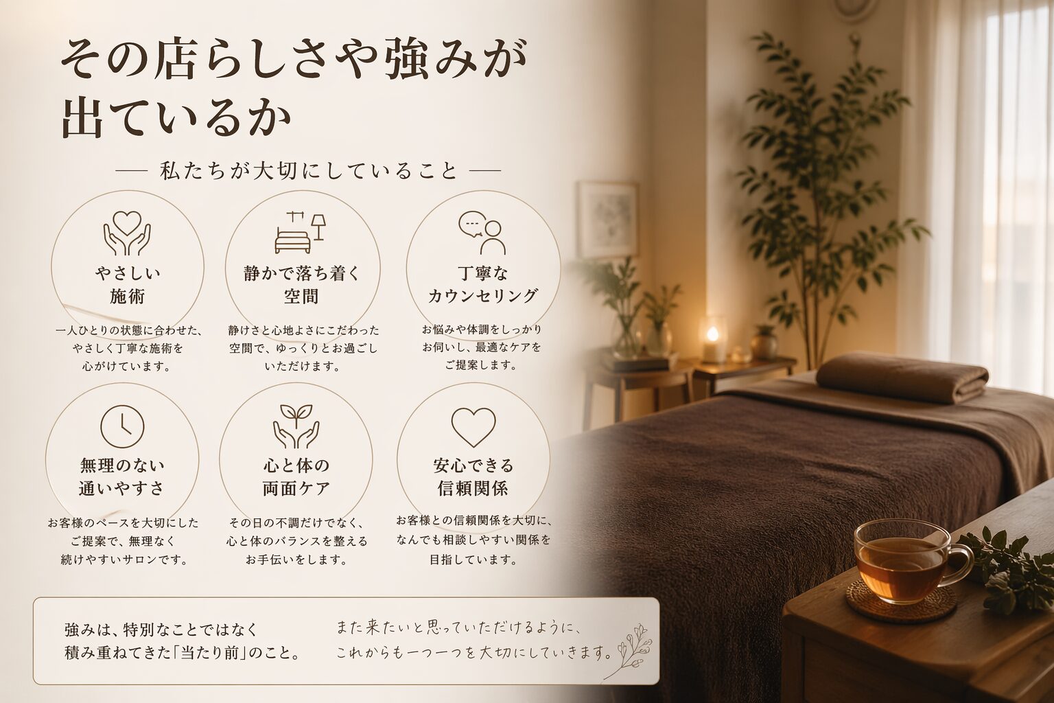 やさしい施術、静かな空間、丁寧なカウンセリングなど、サロンの強みを落ち着いた雰囲気で表したイメージ画像