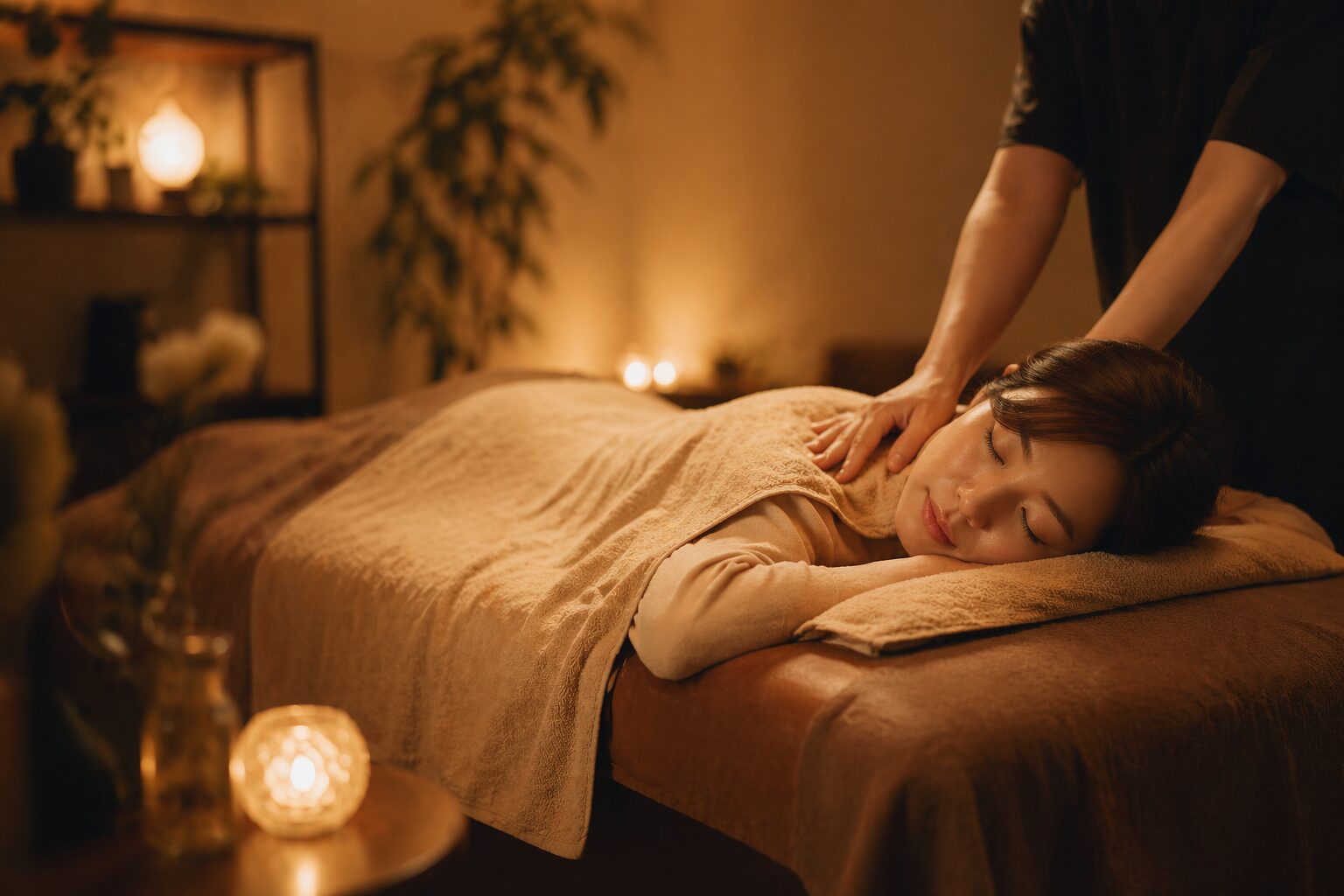 やわらかな照明の中で女性がリラックスしながら施術を受けている、眠りに落ちるような時間をイメージしたサロン風景