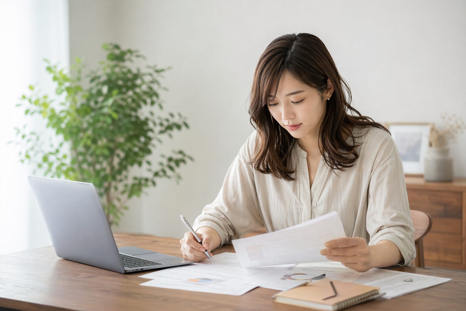 資料とパソコンを見ながら、内容の見直しや修正作業をしている女性のイメージ画像