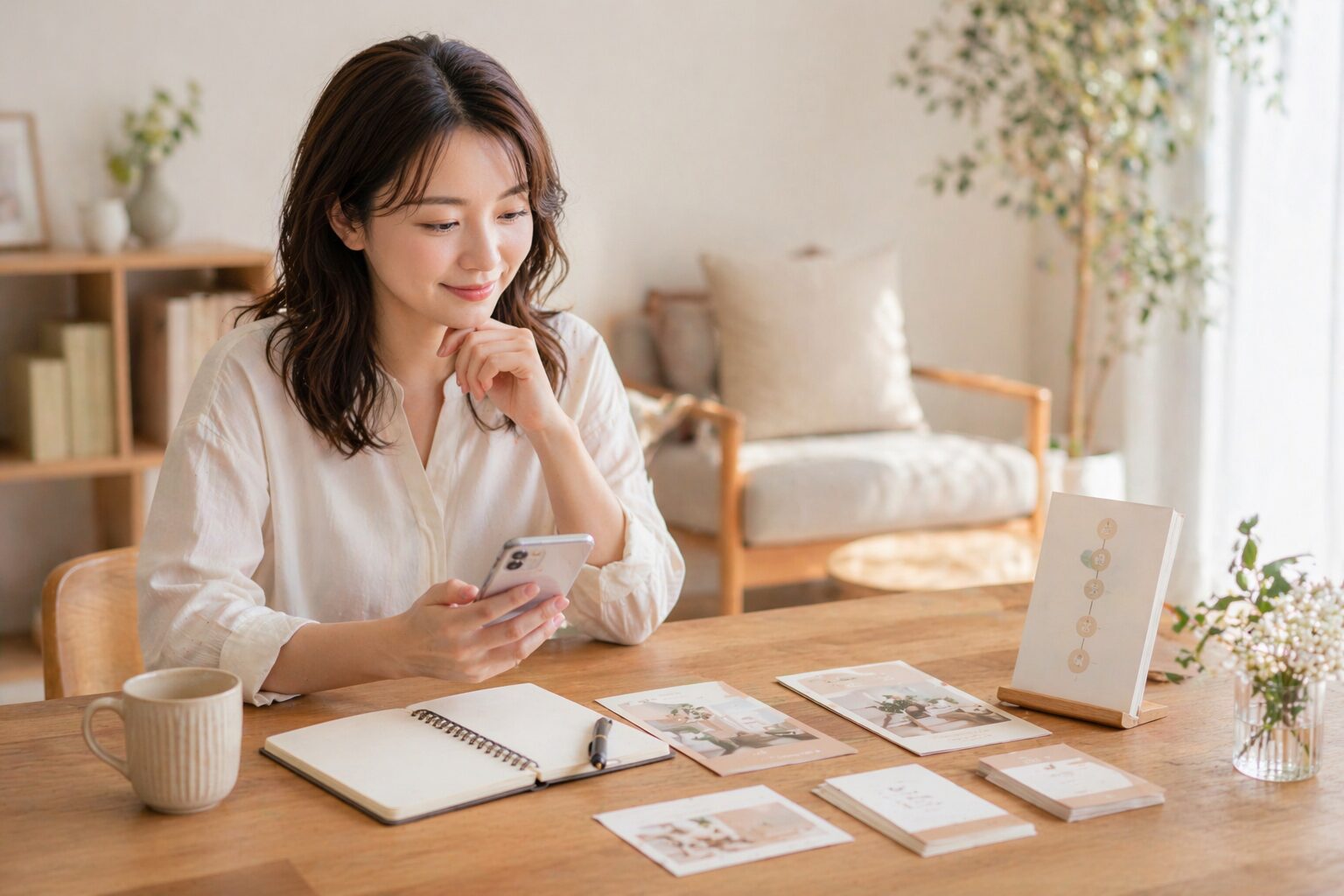 サロンに興味を持った女性が、スマホで情報を確認しながら案内資料を見ているイメージ画像