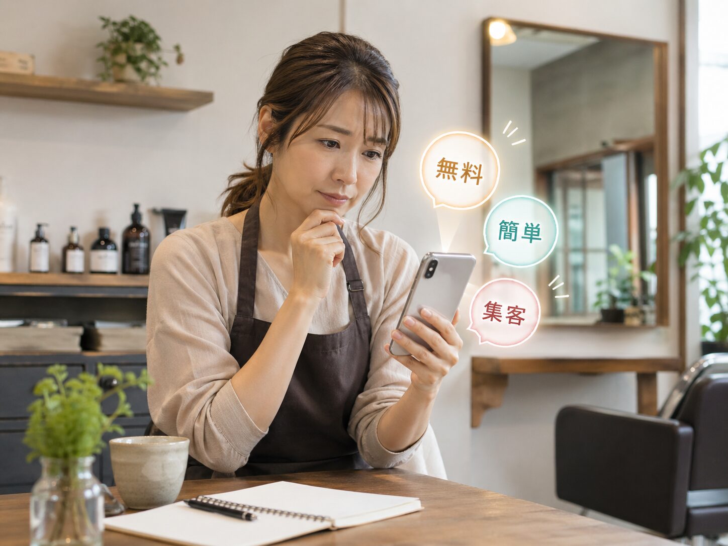 女性オーナーがスマホを見ながら、無料・簡単・集客という言葉に迷っているイメージ画像