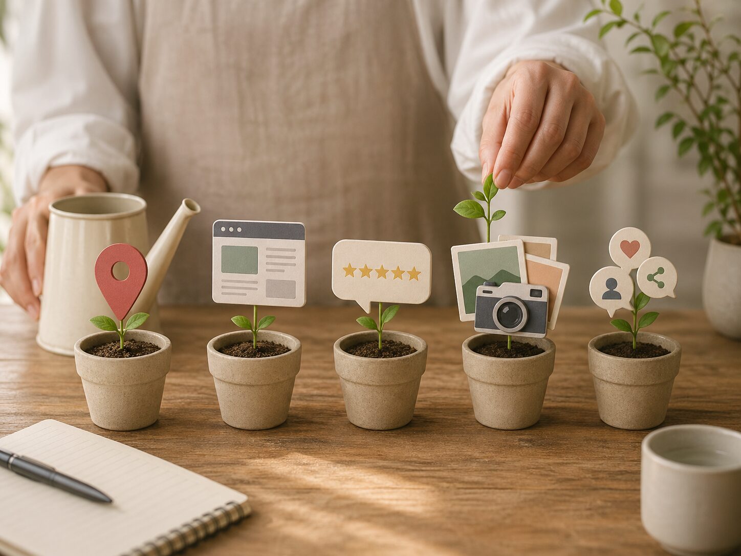 Googleマップ、ホームページ、口コミ、写真、SNSを植物のように少しずつ育てているイメージ画像