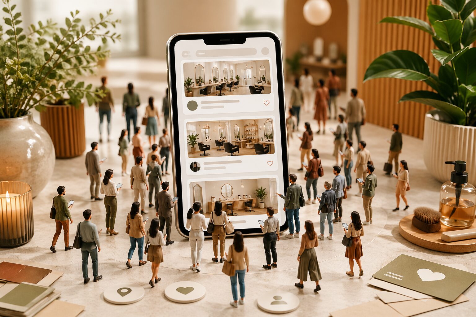 クーポンサイトの画面に多くの人が集まり、サロン情報を見ているイメージ画像