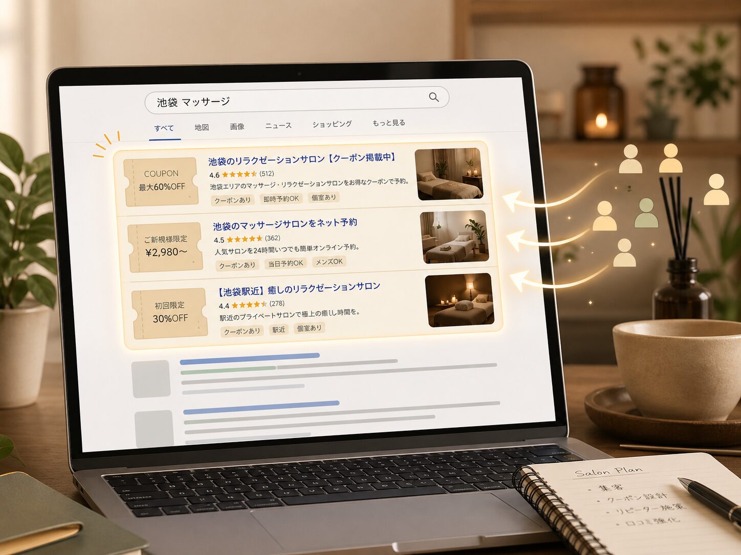 地域名とマッサージで検索した時に、クーポンサイトが検索結果の上位に表示されているイメージ画像