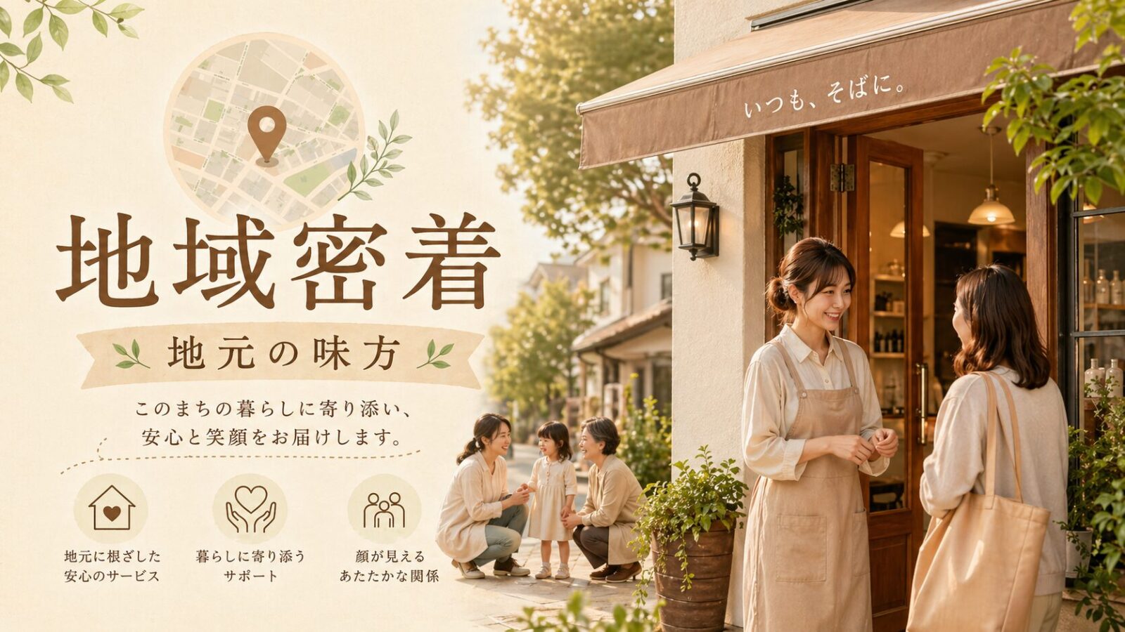 地域密着と地元の味方という言葉で、地元に寄り添うサービスを表現したイメージ画像