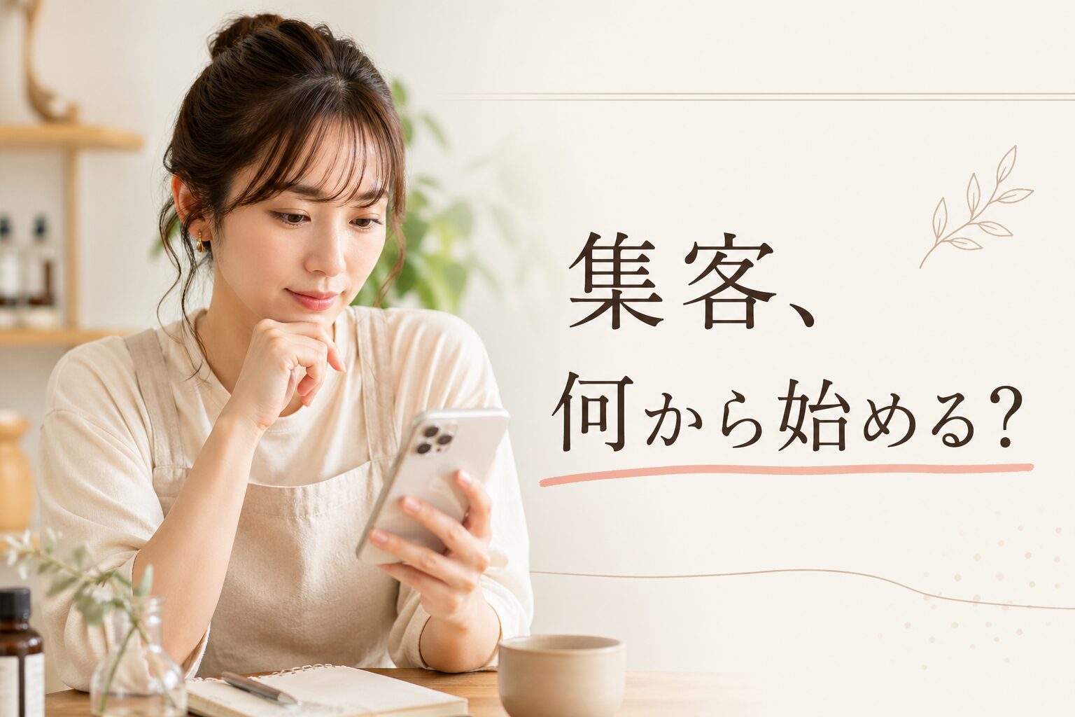 スマホで集客について考えるサロンオーナーの女性と「集客、何から始める？」の文字が入ったアイキャッチ画像