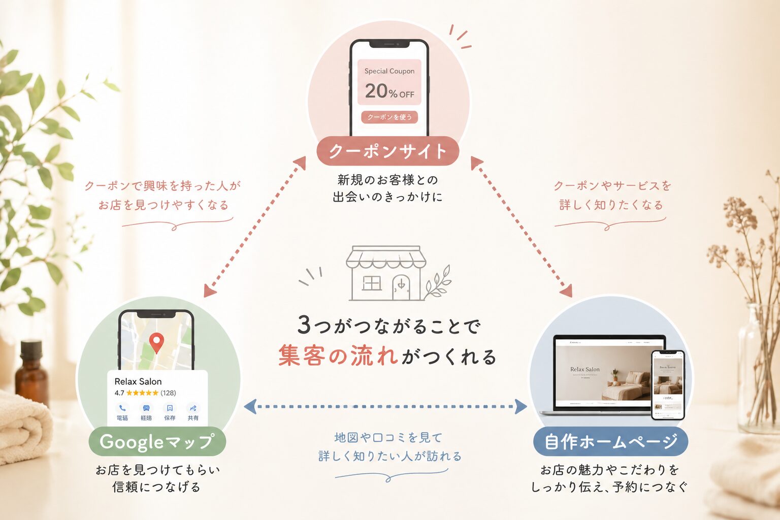 クーポンサイト・Googleマップ・自作ホームページの3つが連携して集客の流れを作るイメージ図