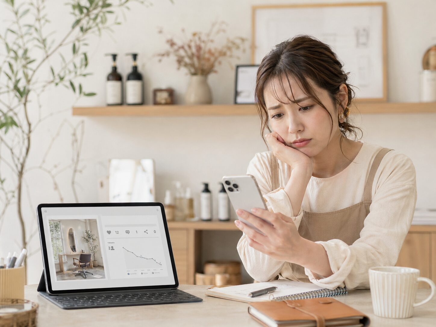 SNS投稿の反応を見ながら集客に悩むサロンオーナーの女性のイメージ画像