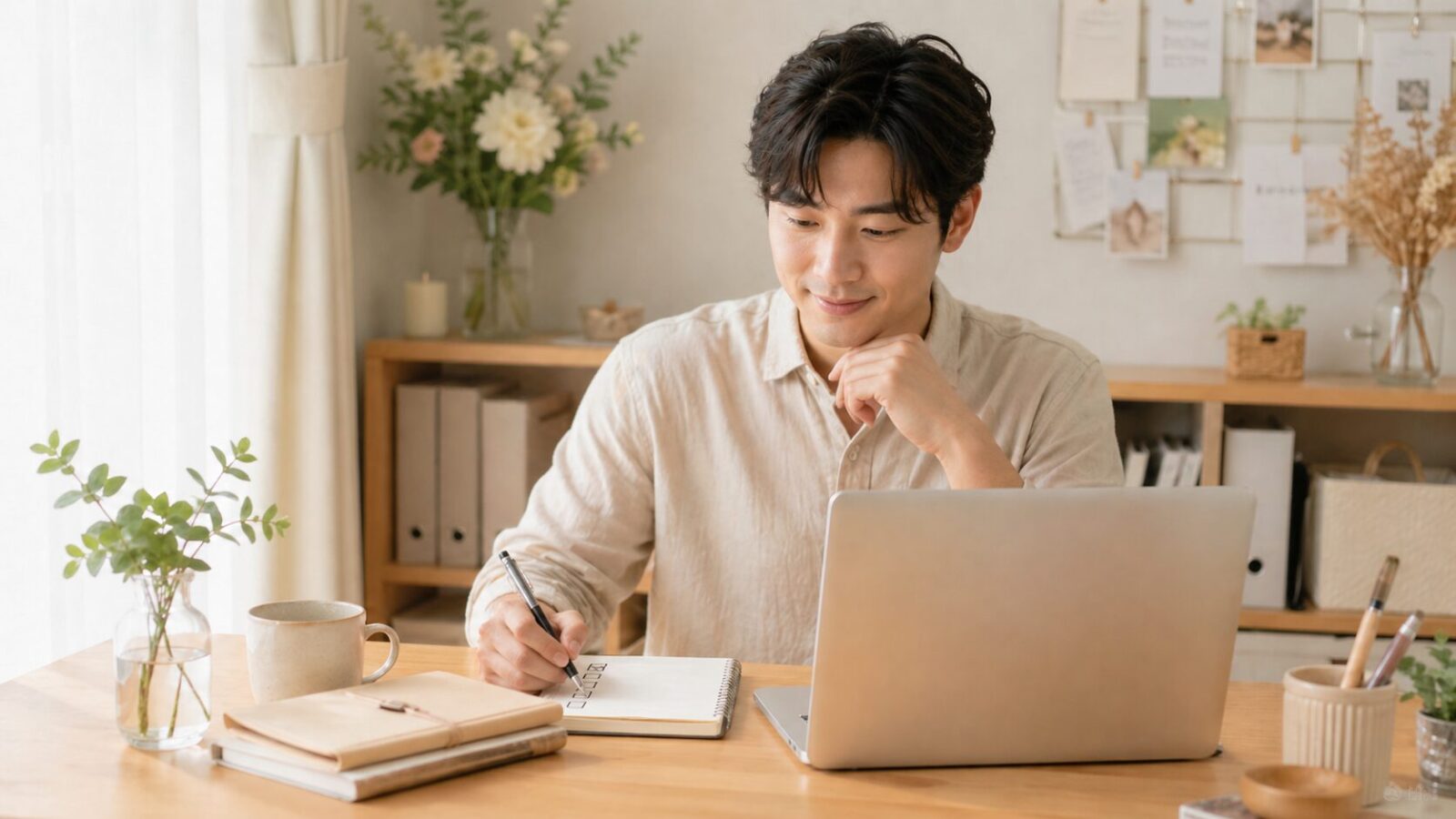 パソコンとノートを使って今できる集客の作業から始める男性のイメージ画像
