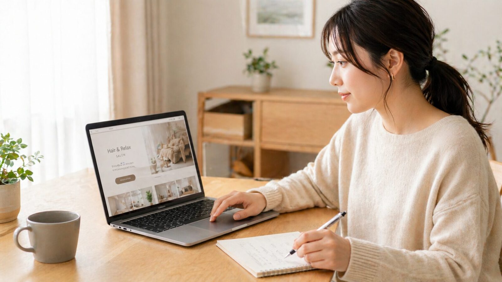 ホームページ作成の方法を学びながらノートを取るサロンオーナーの女性のイメージ画像