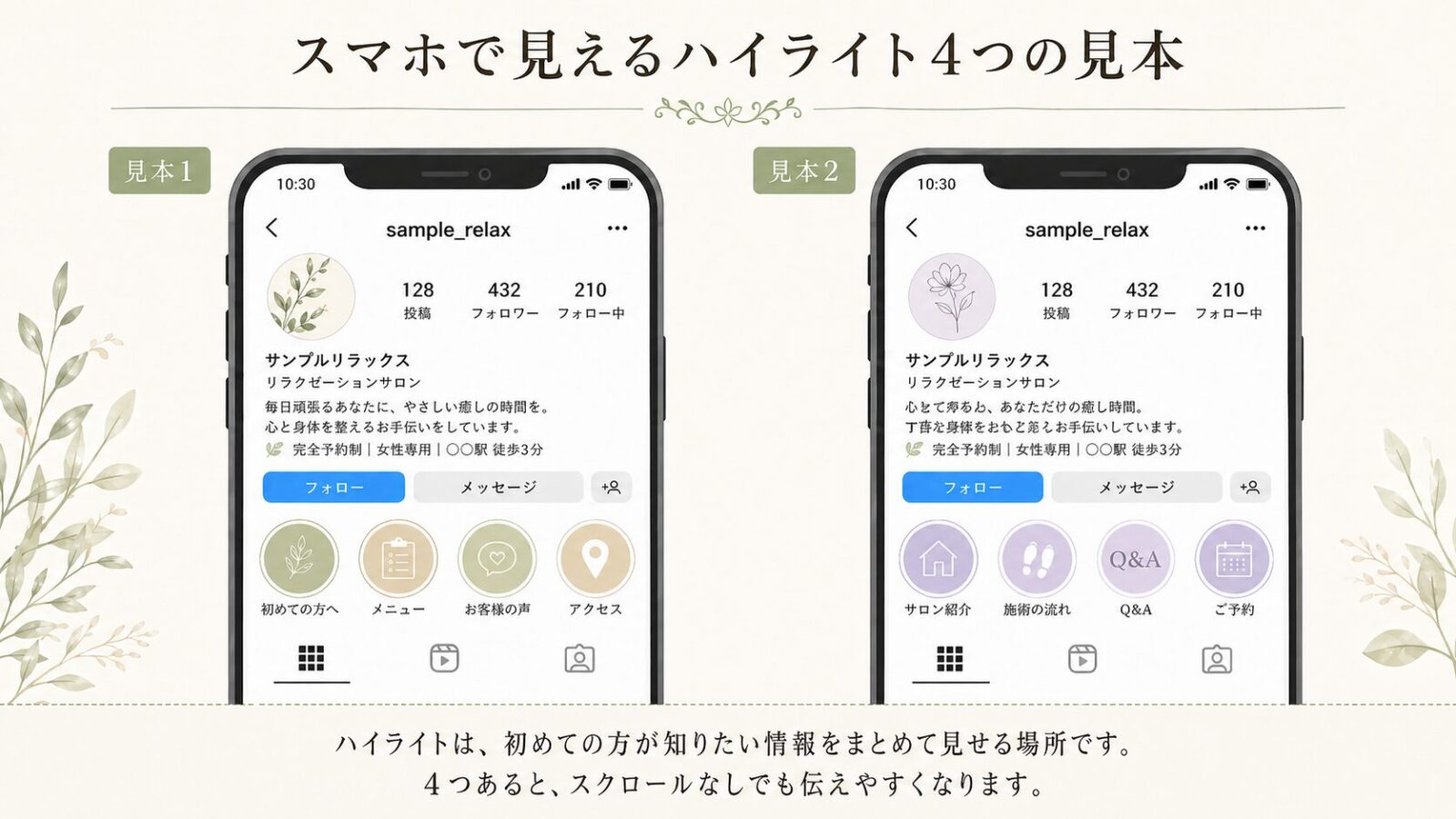 サロンのInstagramプロフィールで見えるハイライト4つの見本を2パターン並べた画像