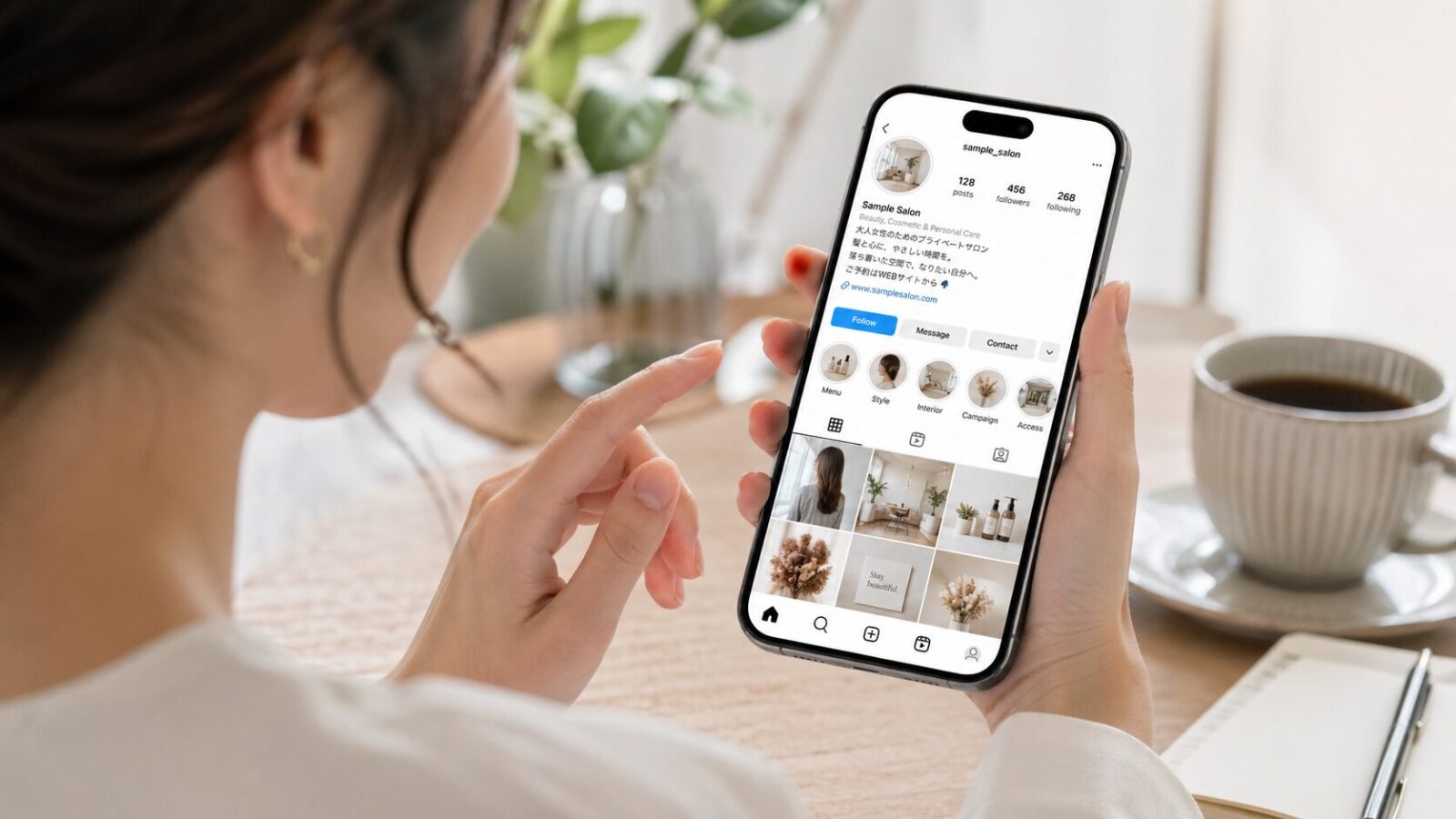 スマホでサロンのInstagramプロフィールを確認している女性