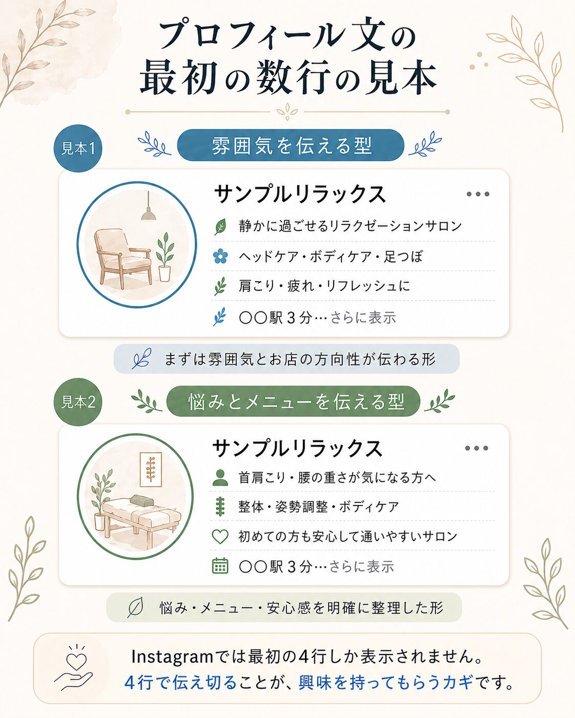 サロンのInstagramプロフィール文の最初の数行を雰囲気型と悩み・メニュー型で比較した見本画像