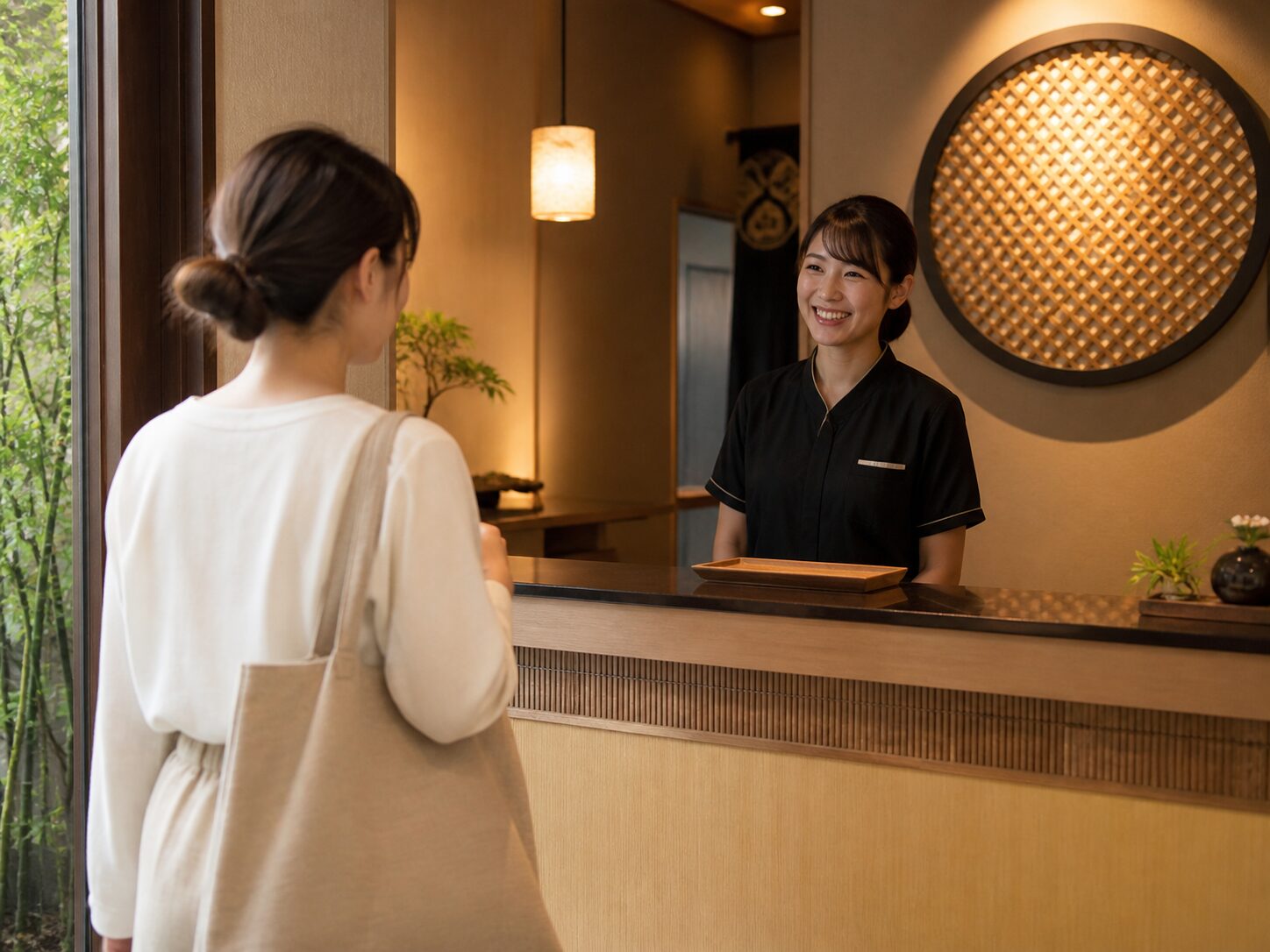初めてのお客様がサロンに来店し受付で迎えられているイメージ