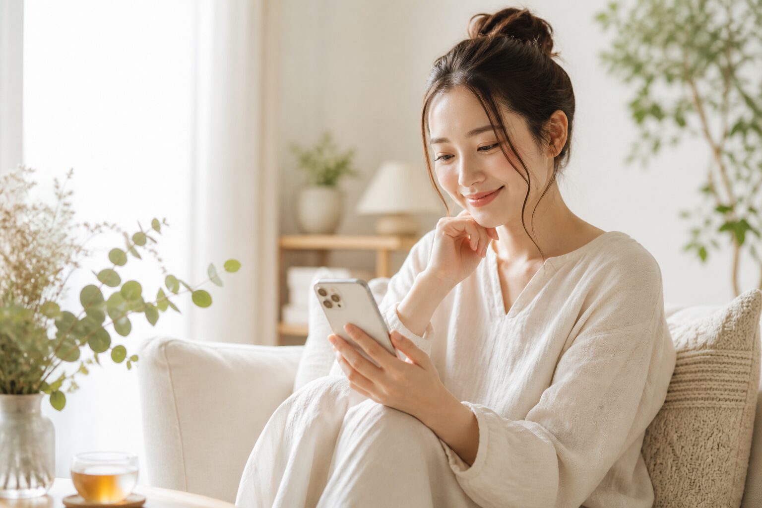 予約前に安心してスマホでサロンのInstagramを確認している女性のイメージ画像