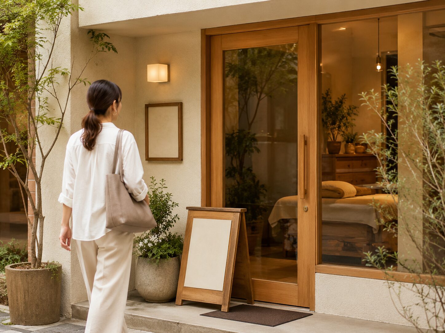 お客様がリラクゼーションサロンの入口に向かって歩いているイメージ