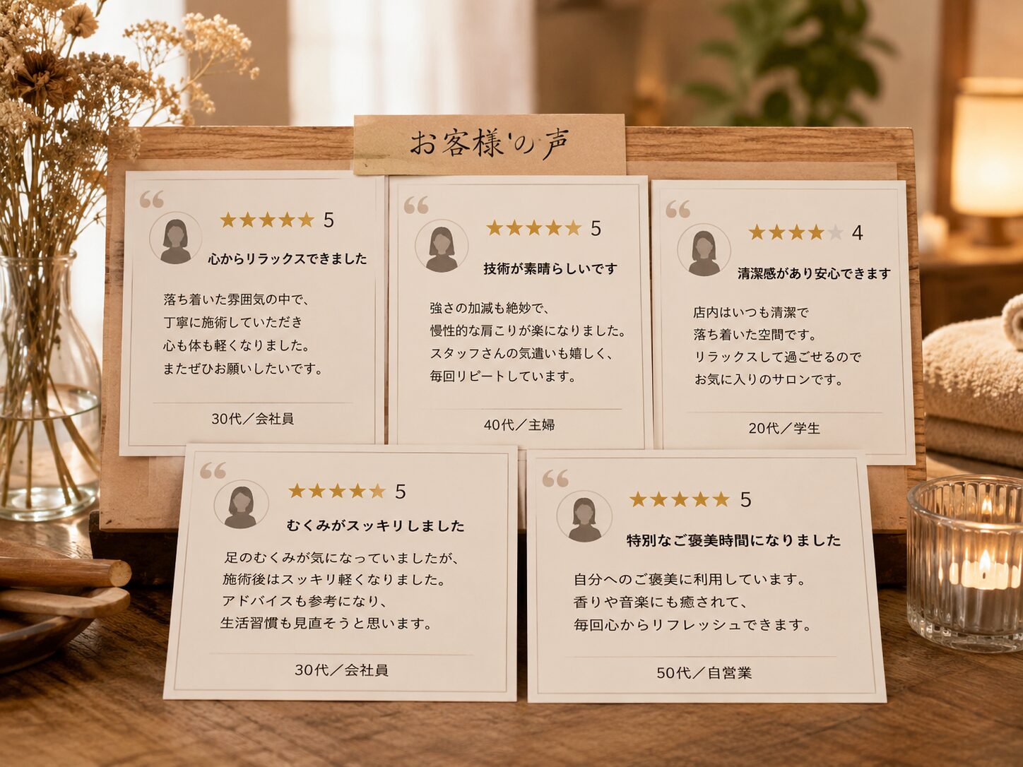 リラクゼーションサロンのお客様の声が複数並んでいるイメージ