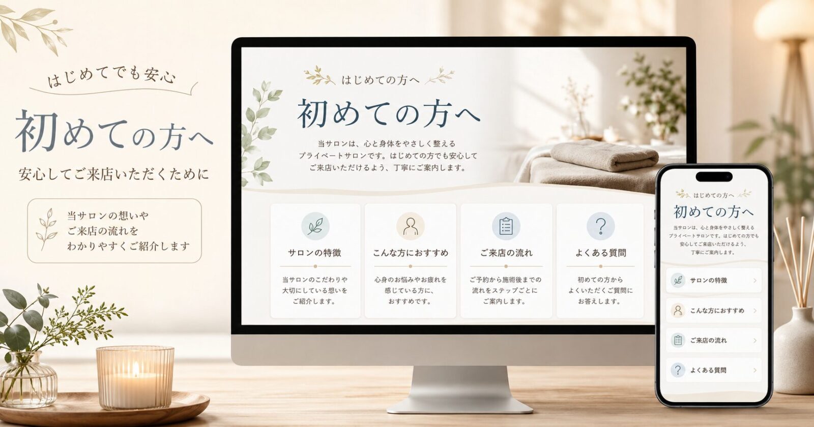 パソコンとスマホで見たサロンの初めての方ページのイメージ