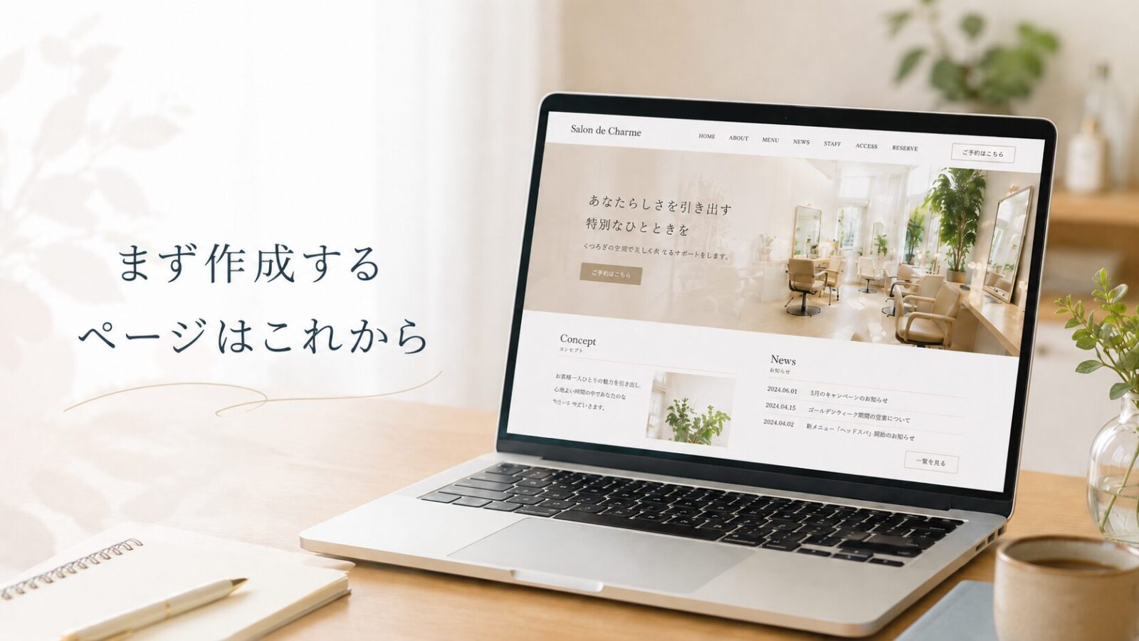 サロンのホームページにまず作成したい基本ページを示すイメージ