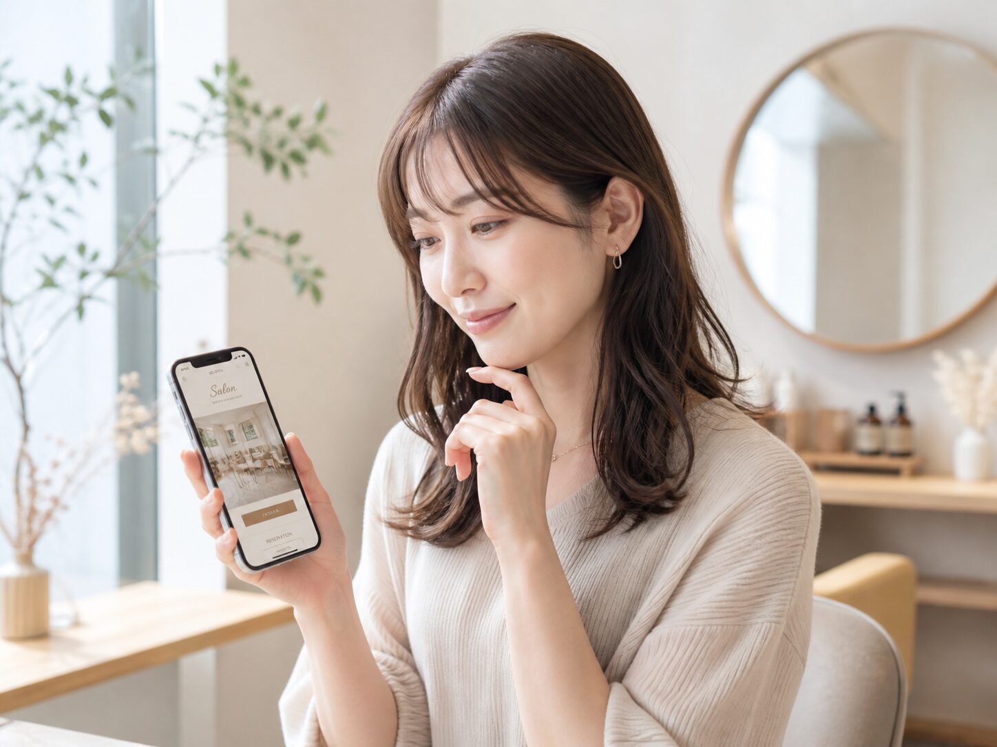 お客様がスマホでサロンのホームページを見ながら検討しているイメージ