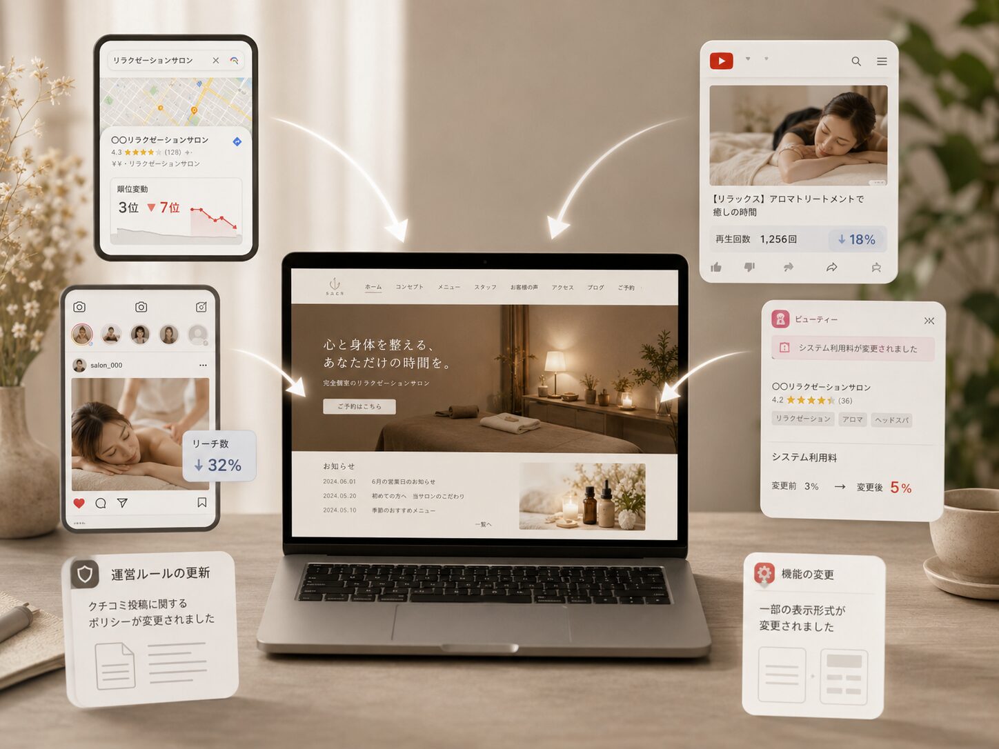 SNSやGoogleマップなど外部サービスの変化を受けながら自前ホームページを中心に情報を積み上げるイメージ画像