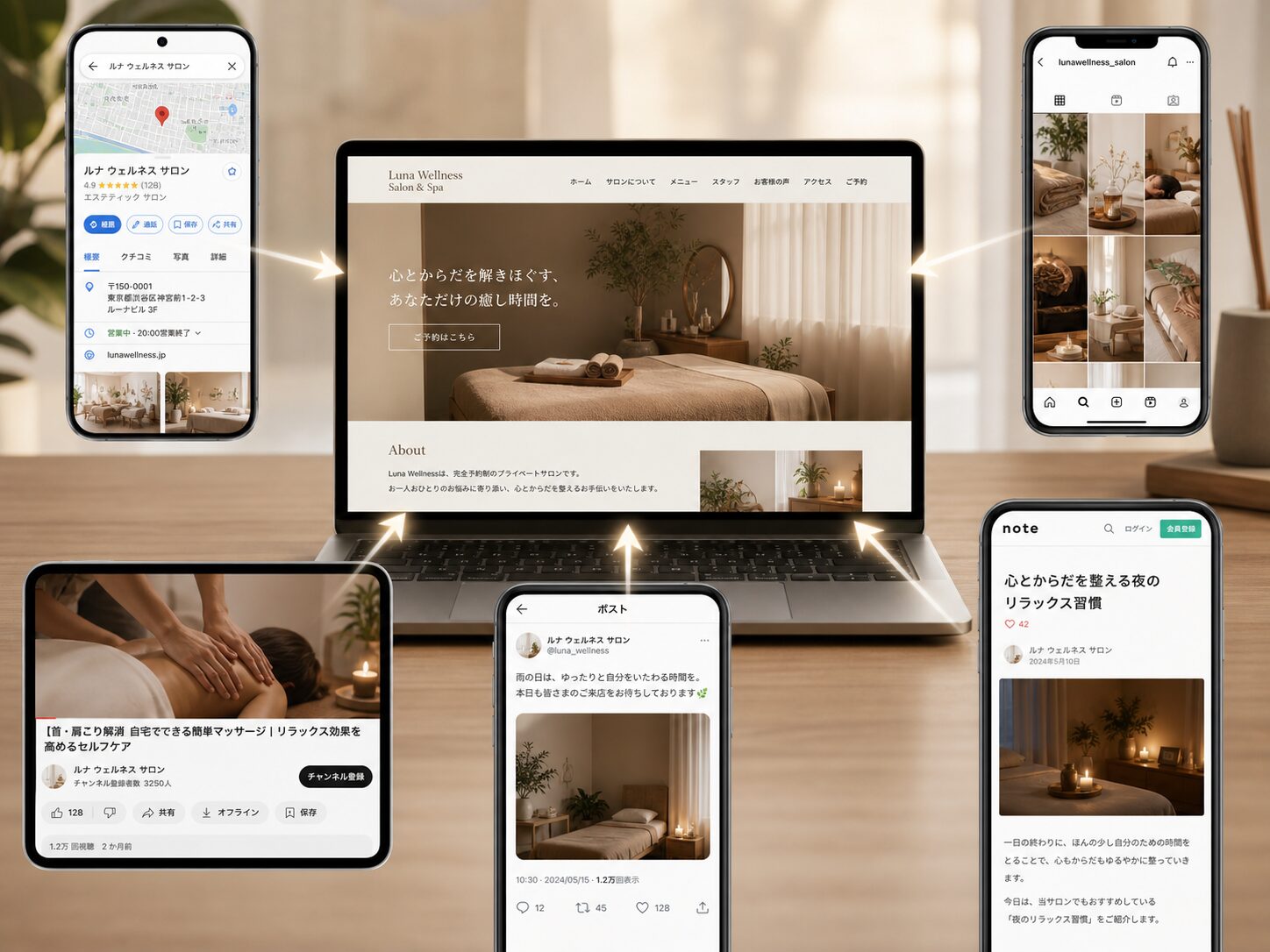 Googleマップ、Instagram、YouTube、noteなどの情報がホームページにつながるハブのイメージ画像