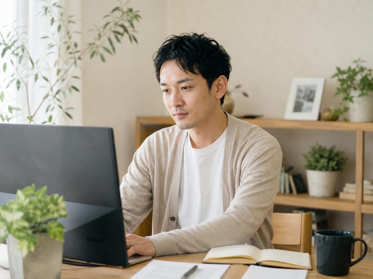 サロンのInstagramハイライトをパソコンで見直して整えている男性のイメージ画像