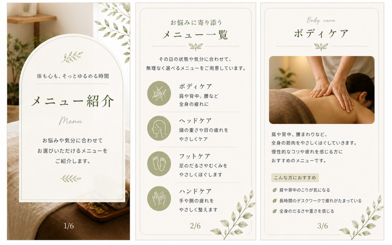 サロンのInstagram固定投稿でメニュー紹介、メニュー一覧、ボディケアを紹介する見本