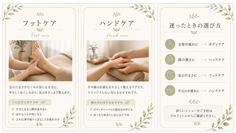 サロンのInstagram固定投稿でフットケア、ハンドケア、迷ったときの選び方を紹介する見本