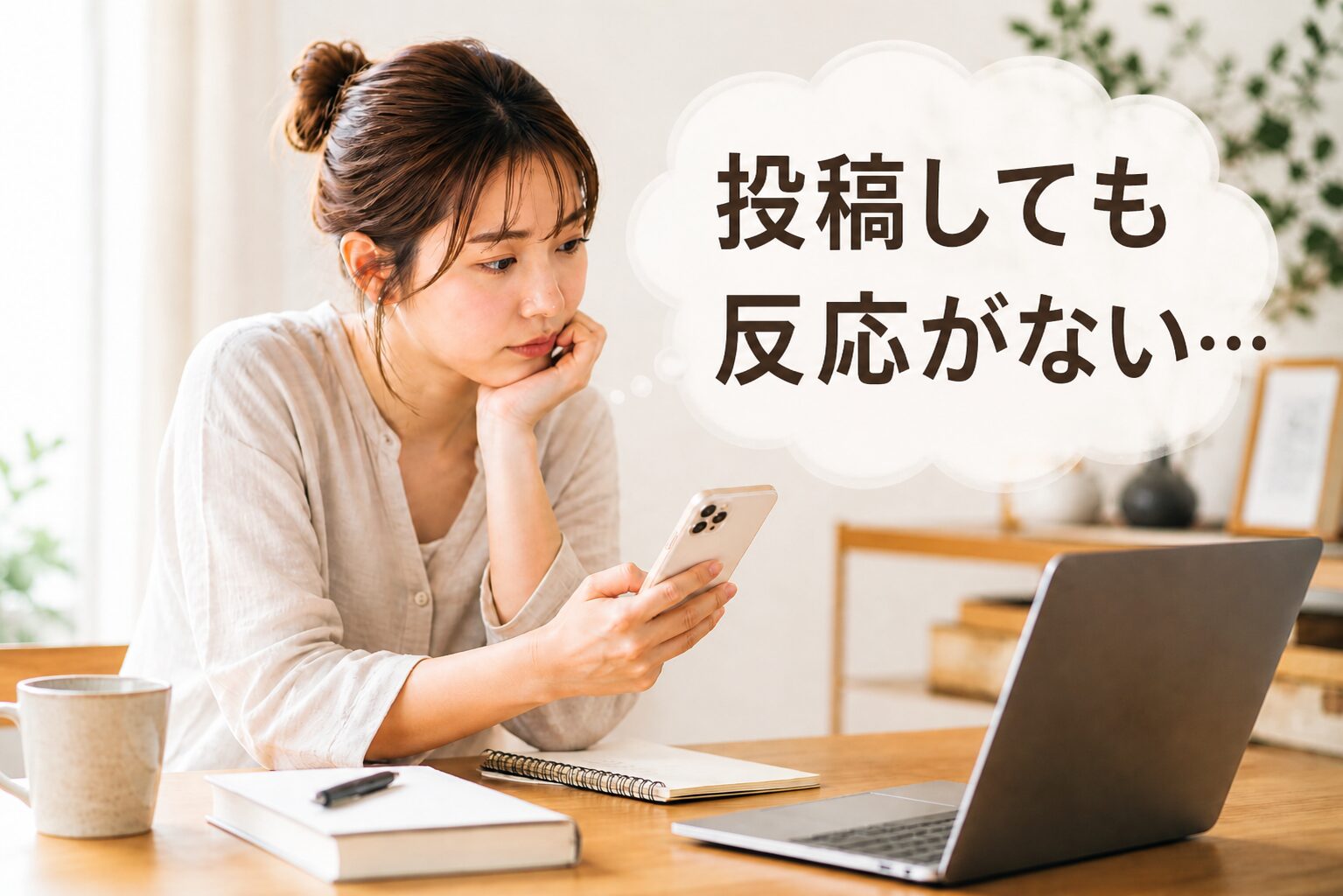 スマホを見ながら投稿しても反応がないと悩んでいる女性のアイキャッチ画像