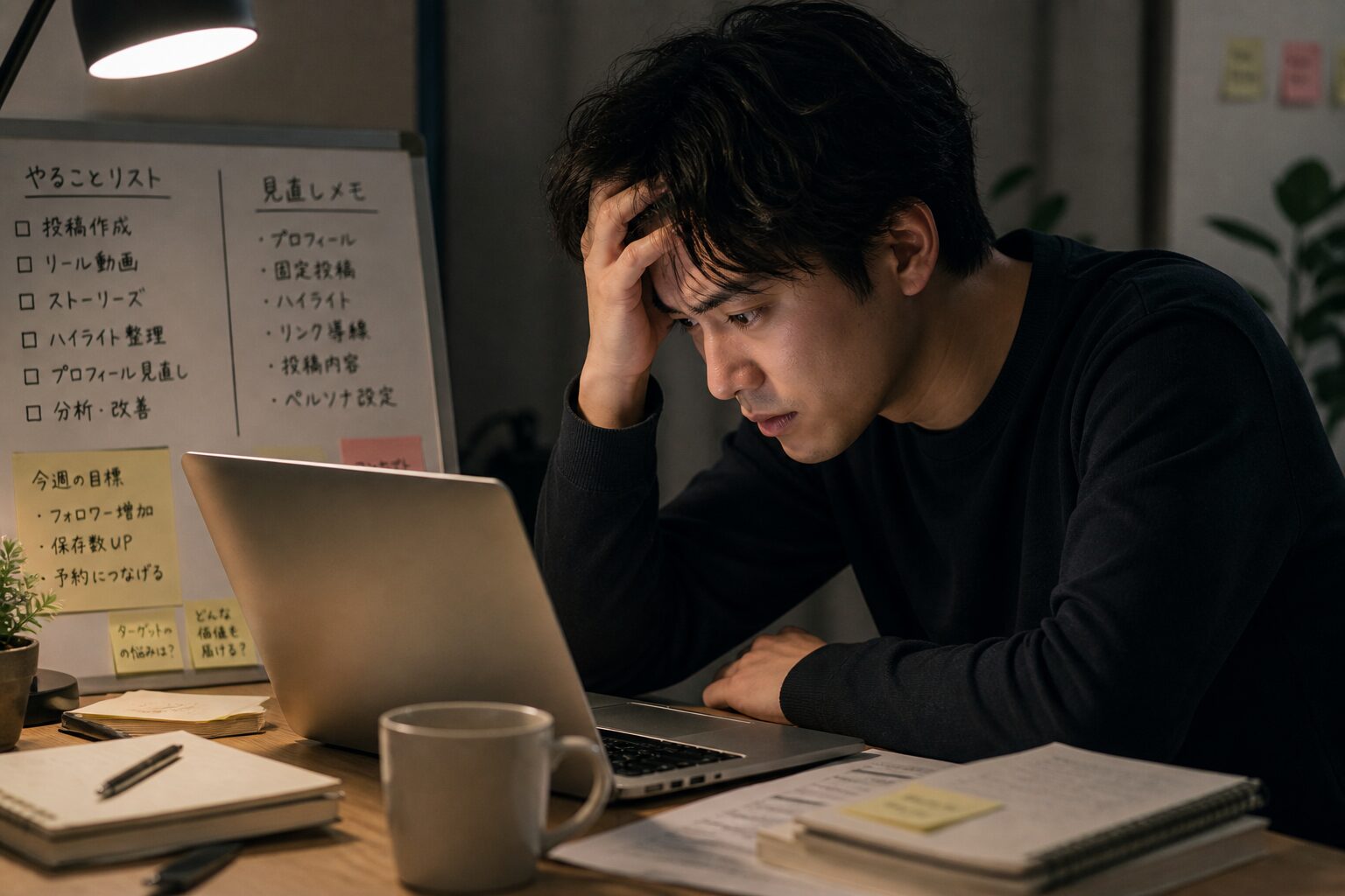 Instagram投稿やハイライトの見直し作業を頑張りすぎて根詰めている男性のイメージ画像