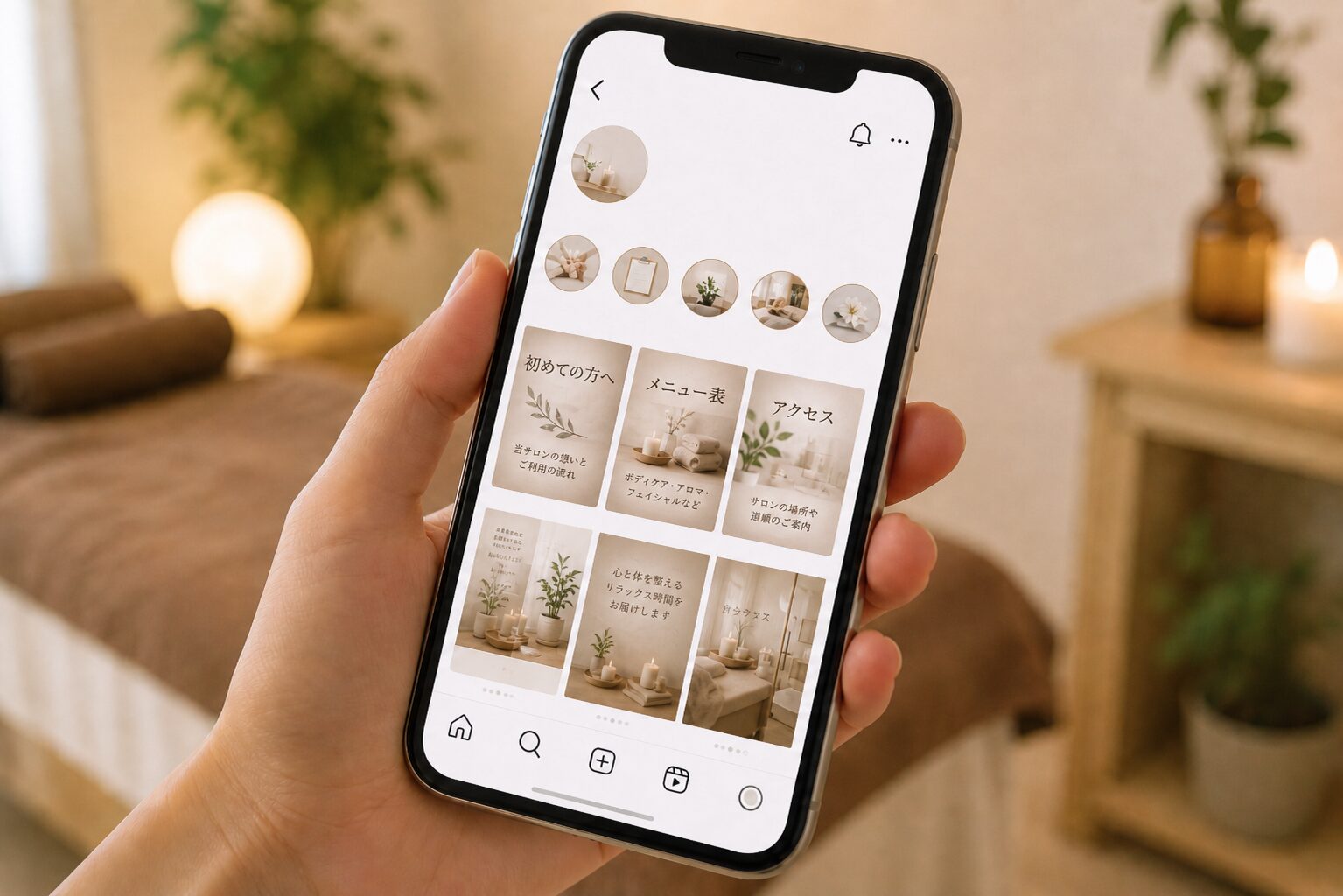 スマホ画面に初めての方へ、メニュー表、アクセスの固定投稿が表示されている様子