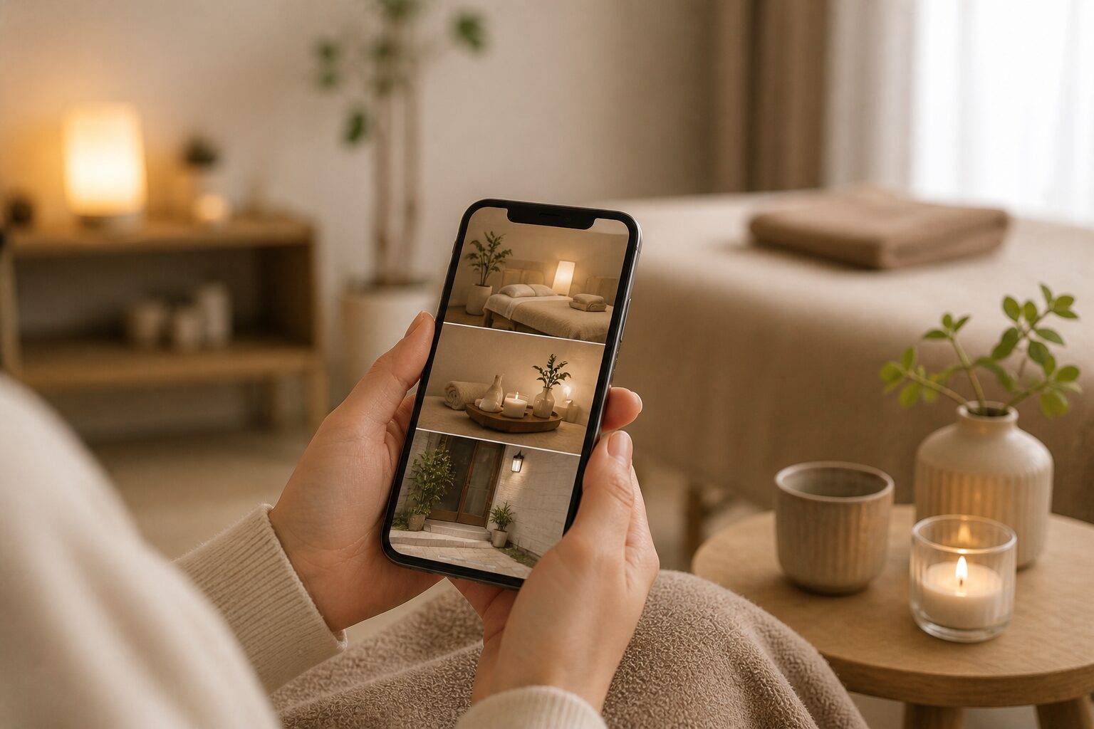 リラックスルームでリラクゼーションサロンのInstagram投稿をスマホで見ている様子