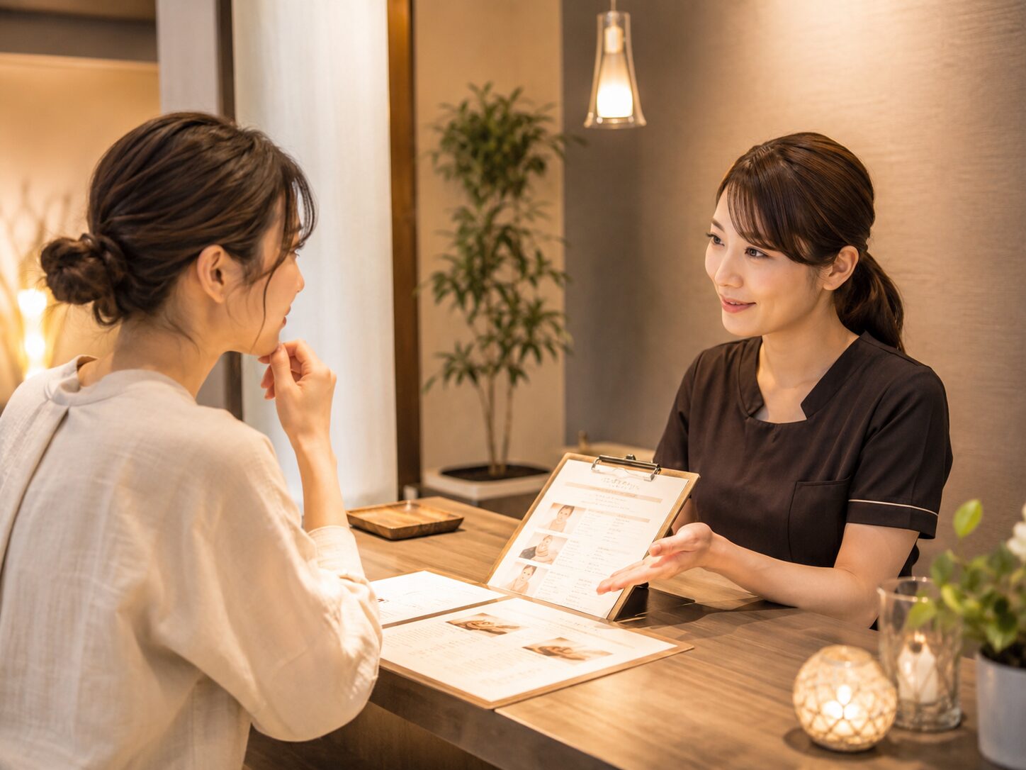 受付でセラピストにコース内容を相談している女性のイメージ