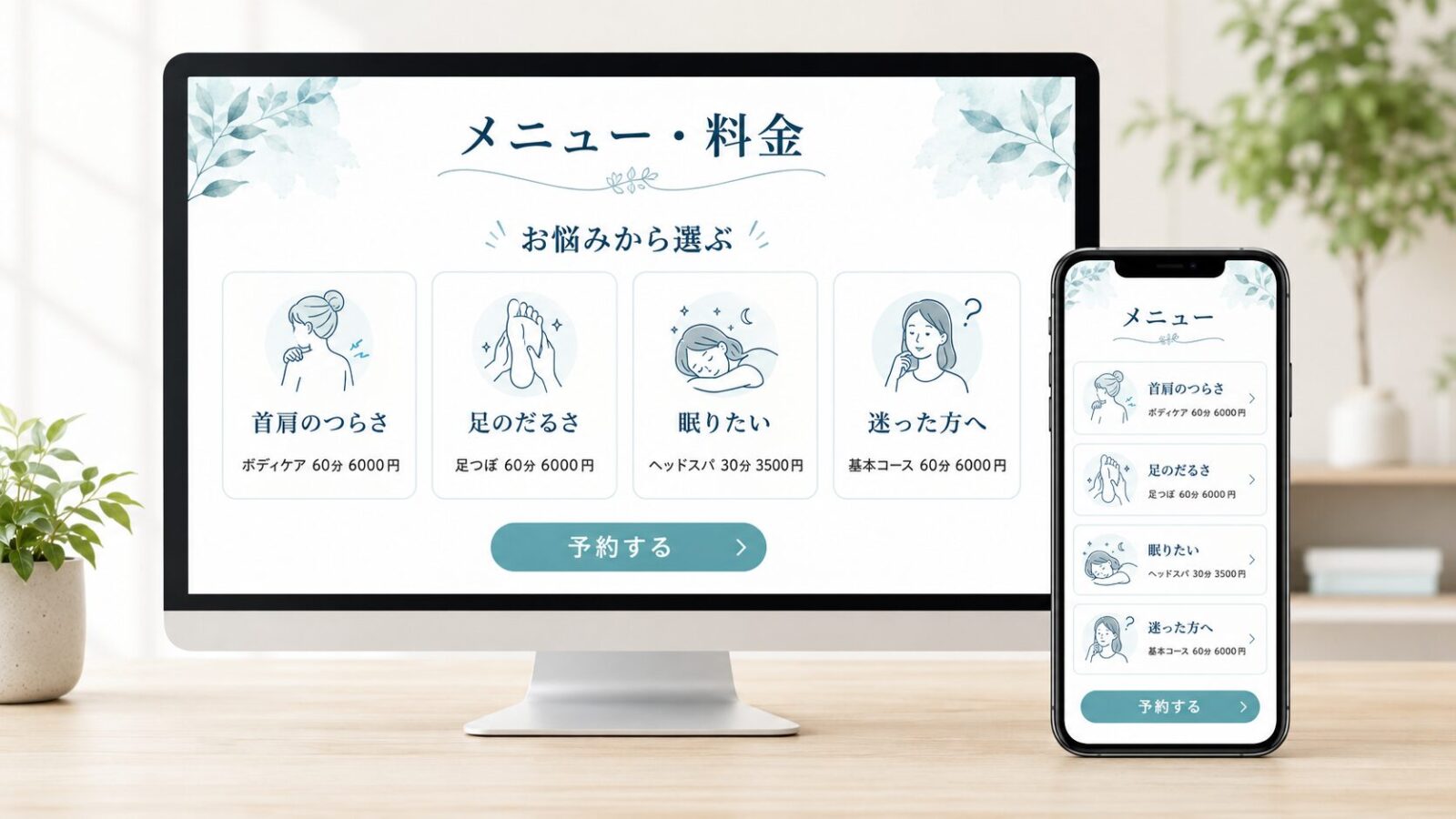 パソコンとスマホで見たサロンのメニュー料金ページのイメージ