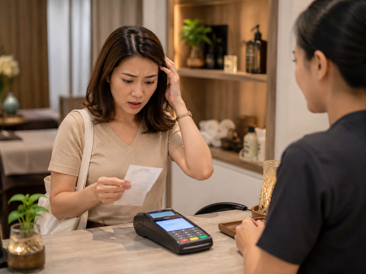 お会計時に想定より料金が高いと感じて不安になる女性のイメージ