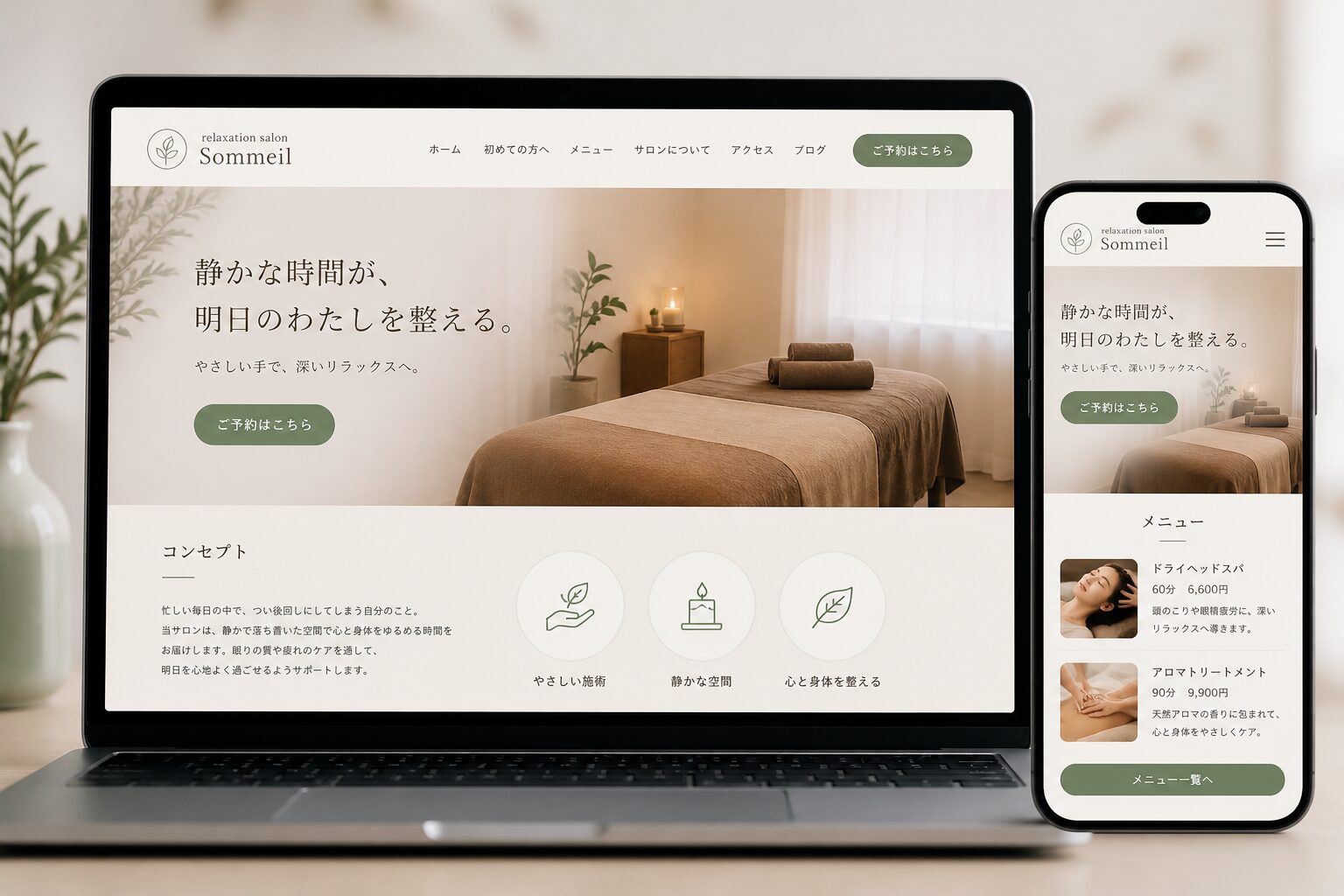 リラクゼーションサロンのホームページをパソコンとスマホで表示しているイメージ画像