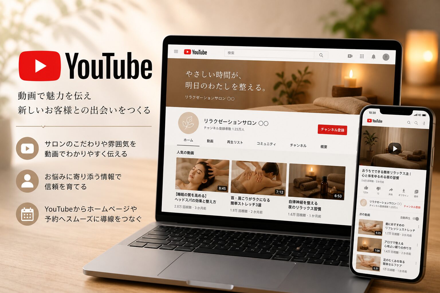 リラクゼーションサロンの施術動画をYouTubeで発信しているイメージ画像