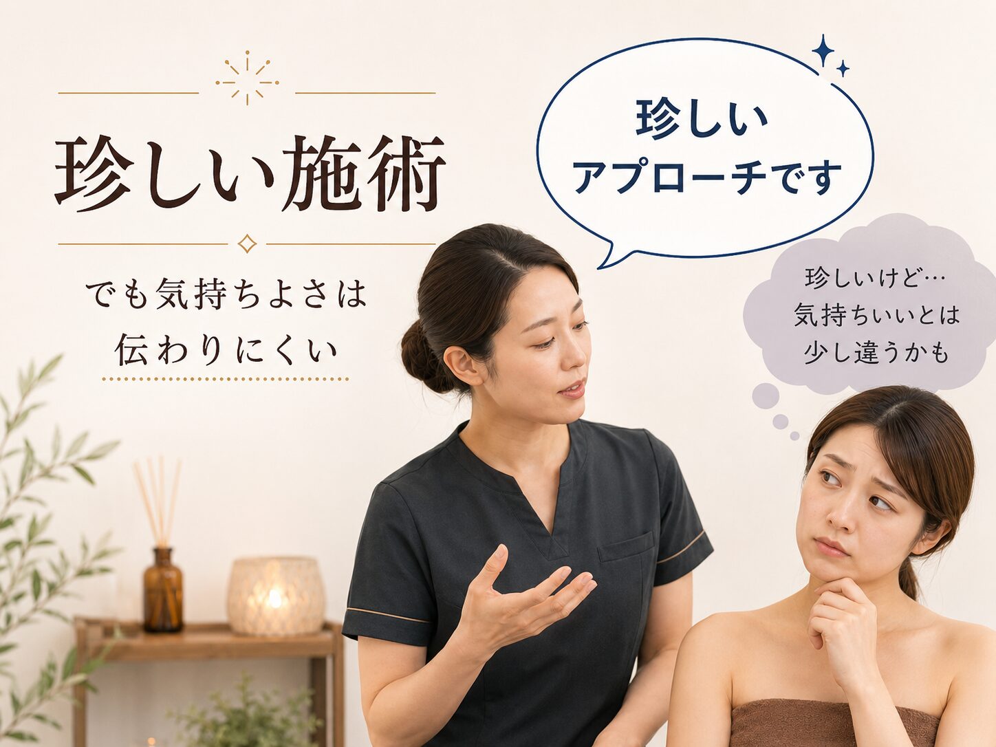 珍しい施術の説明を受けながら気持ちよさが伝わりにくいと感じる女性のイメージ